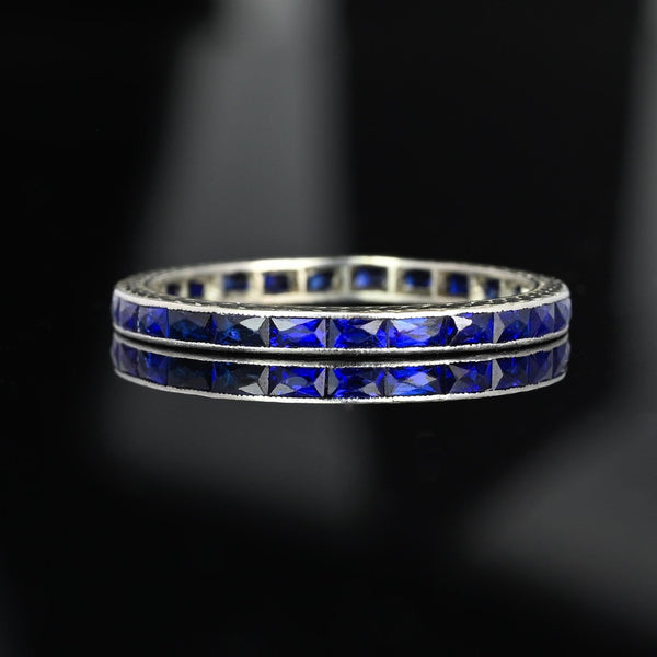 Art Deco Platinum French Cut Sapphire Wedding Band Ring