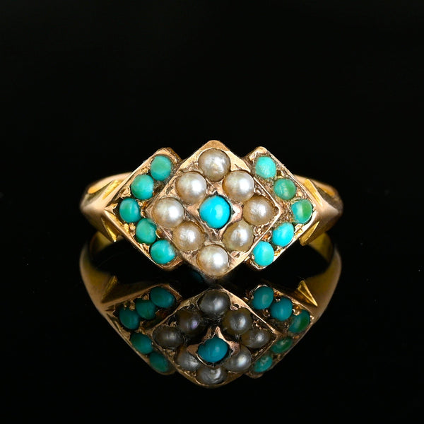 Antique Victorian 15K Gold Pearl Turquoise Ring, 1872