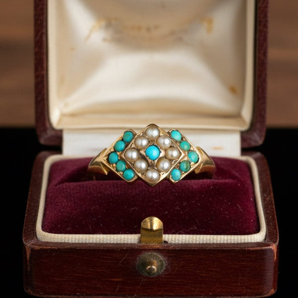 Antique Victorian 15K Gold Pearl Turquoise Ring, 1872