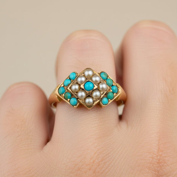 Antique Victorian 15K Gold Pearl Turquoise Ring, 1872