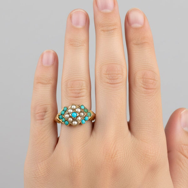 Antique Victorian 15K Gold Pearl Turquoise Ring, 1872
