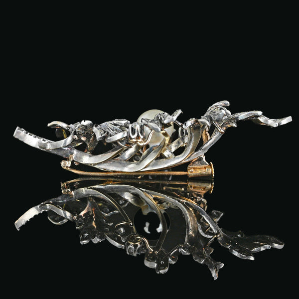 Large Antique French 18K Gold Pearl Diamond Brooch - Boylerpf