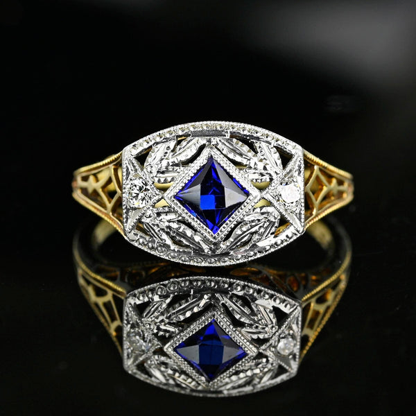 Art Deco Gold Filigree Diamond French Cut Sapphire Ring - Boylerpf