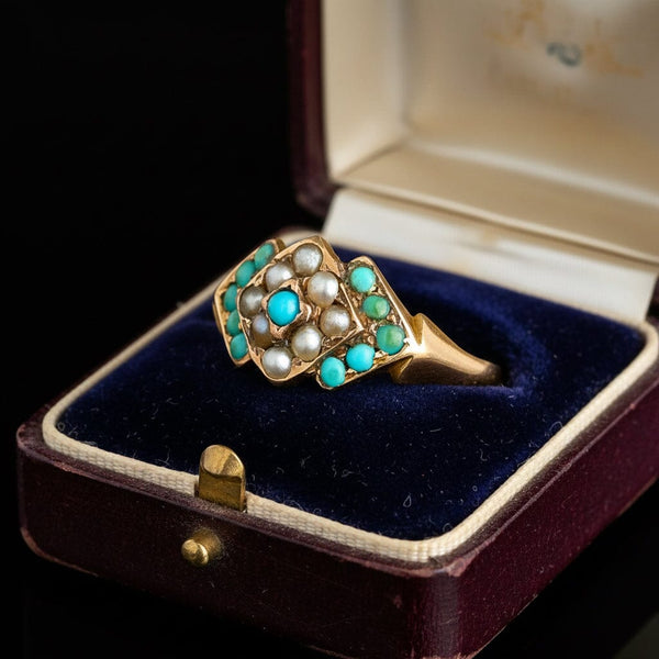 Antique Victorian 15K Gold Pearl Turquoise Ring, 1872