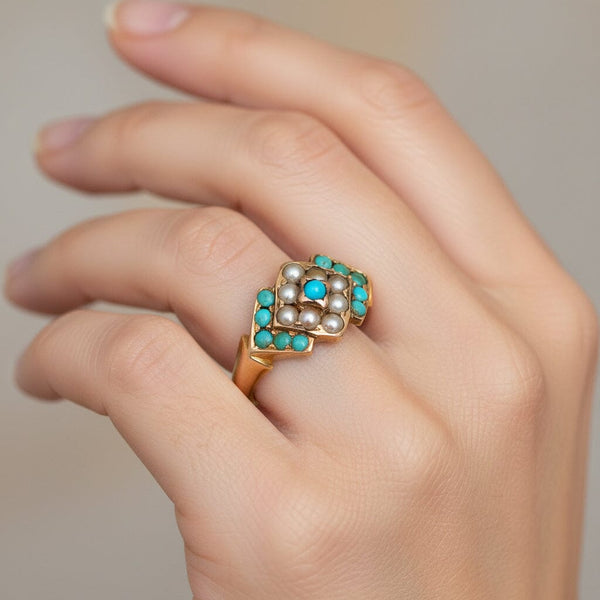 Antique Victorian 15K Gold Pearl Turquoise Ring, 1872