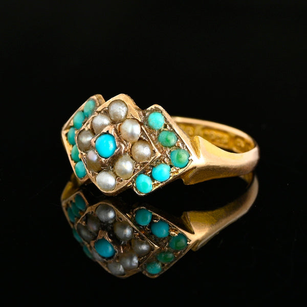 Antique Victorian 15K Gold Pearl Turquoise Ring, 1872