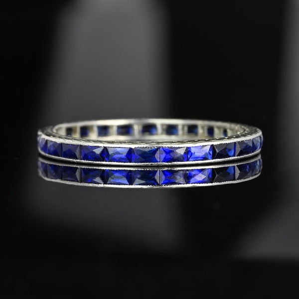 Art Deco Platinum French Cut Sapphire Wedding Band Ring