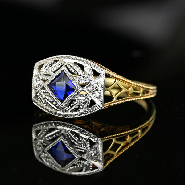 Art Deco Gold Filigree Diamond French Cut Sapphire Ring - Boylerpf