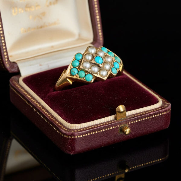 Antique Victorian 15K Gold Pearl Turquoise Ring, 1872