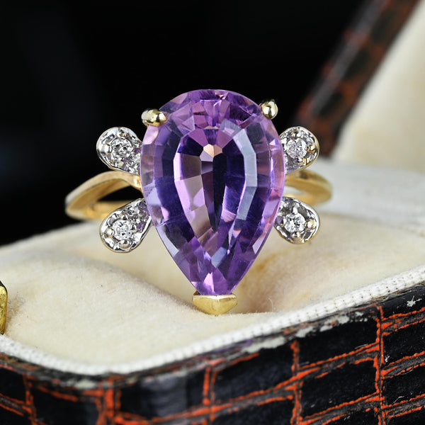 Vintage 14K Gold Diamond Wing Pear Cut Amethyst Ring - Boylerpf