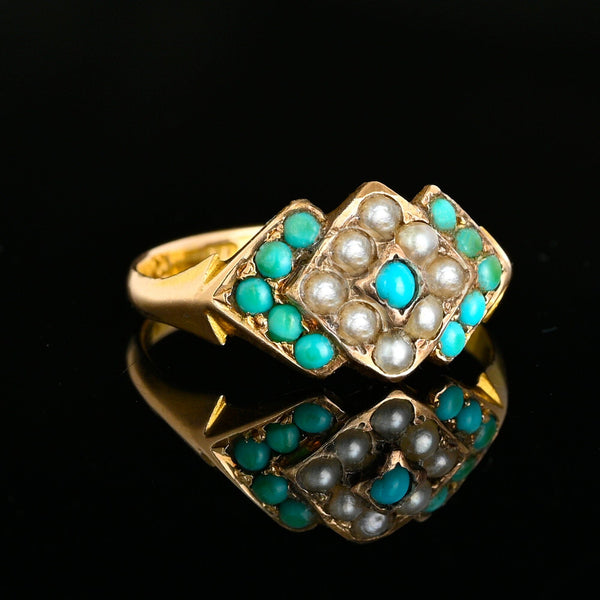 Antique Victorian 15K Gold Pearl Turquoise Ring, 1872
