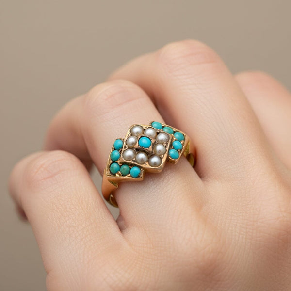 Antique Victorian 15K Gold Pearl Turquoise Ring, 1872