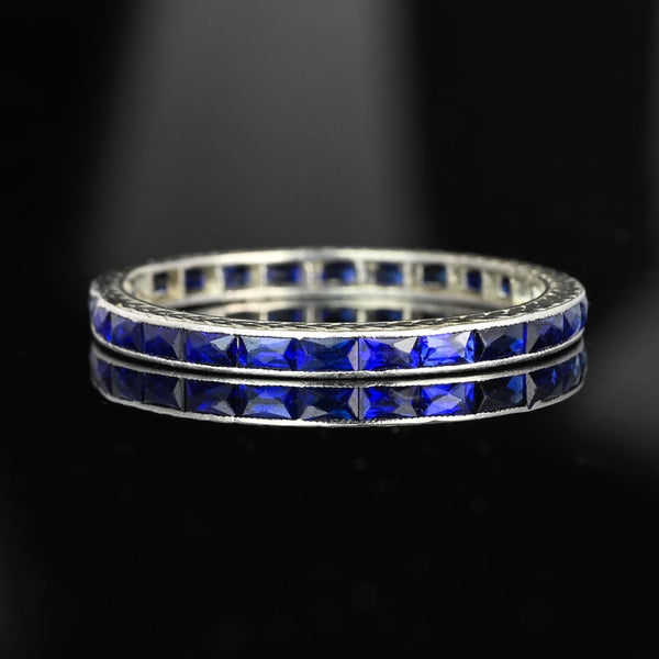 Art Deco Platinum French Cut Sapphire Wedding Band Ring