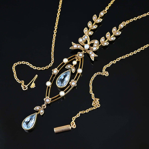 Antique Belle Epoque 15K Gold Pearl Aquamarine Necklace - Boylerpf