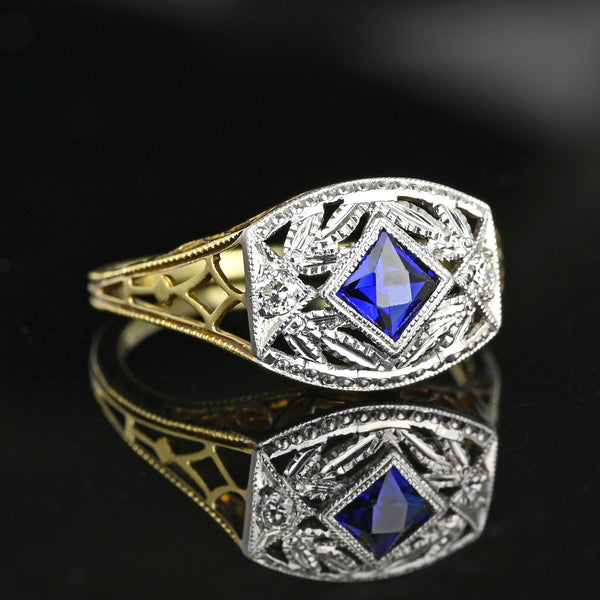 Art Deco Gold Filigree Diamond French Cut Sapphire Ring - Boylerpf