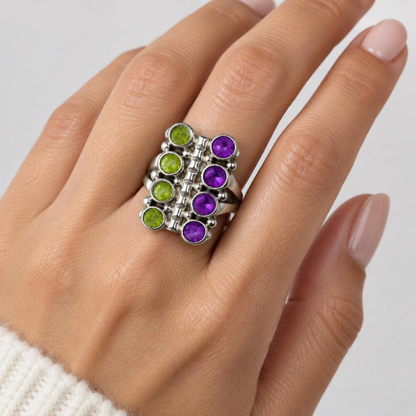 Vintage Amethyst Peridot Sterling Silver Statement Ring