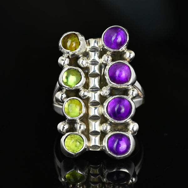 Vintage Amethyst Peridot Sterling Silver Statement Ring
