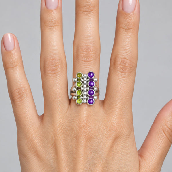 Vintage Amethyst Peridot Sterling Silver Statement Ring