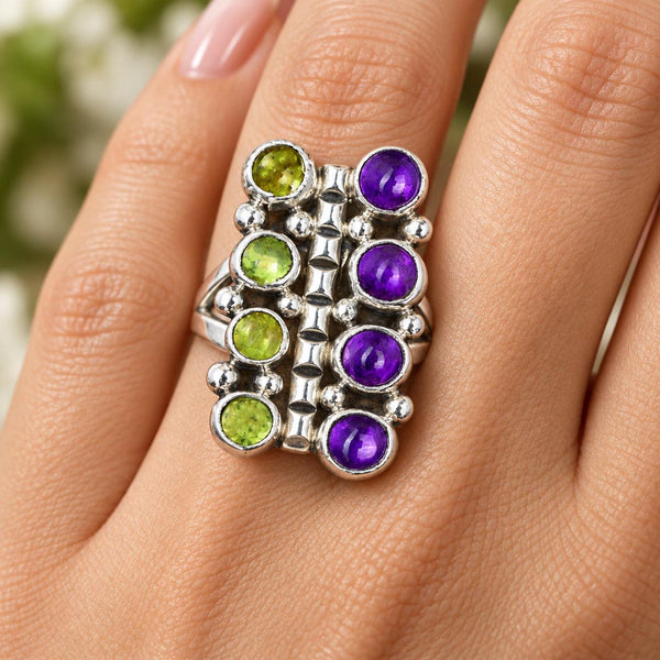 Vintage Amethyst Peridot Sterling Silver Statement Ring