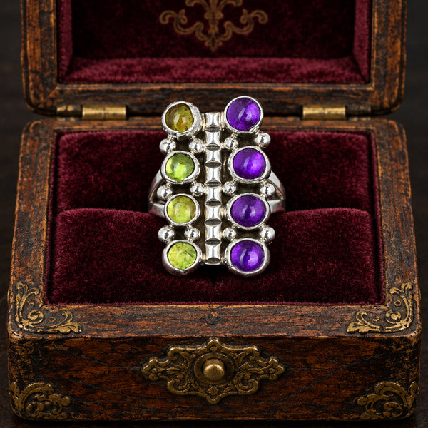 Vintage Amethyst Peridot Sterling Silver Statement Ring