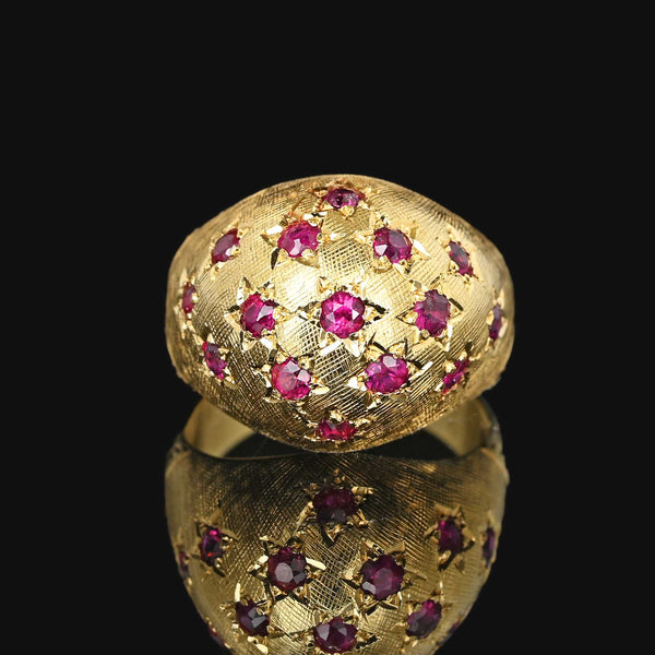 Vintage 18K Gold Bombe Ruby Dome Ring, Engraved Stars - Boylerpf
