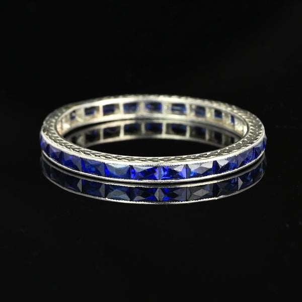 Art Deco Platinum French Cut Sapphire Wedding Band Ring