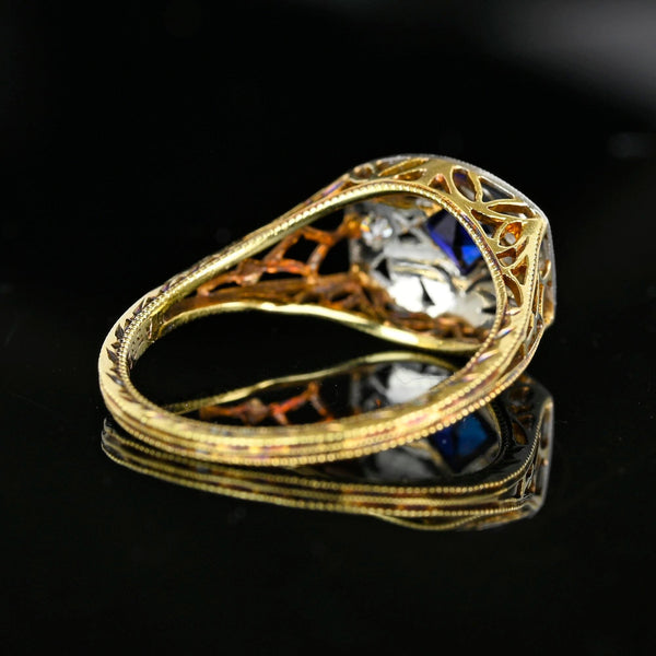 Art Deco Gold Filigree Diamond French Cut Sapphire Ring - Boylerpf