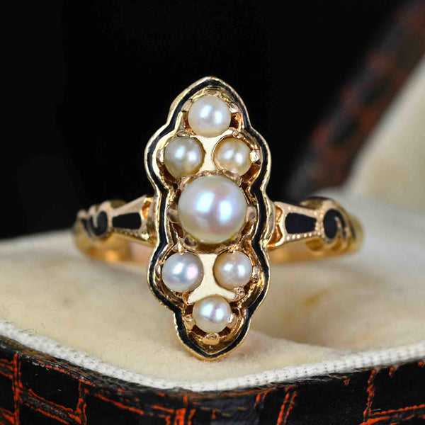 Vintagae Marquis Shape 14K Gold Black Enamel Pearl Ring - Boylerpf