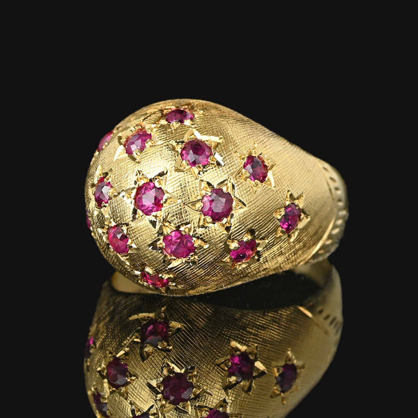 Vintage 18K Gold Bombe Ruby Dome Ring, Engraved Stars - Boylerpf