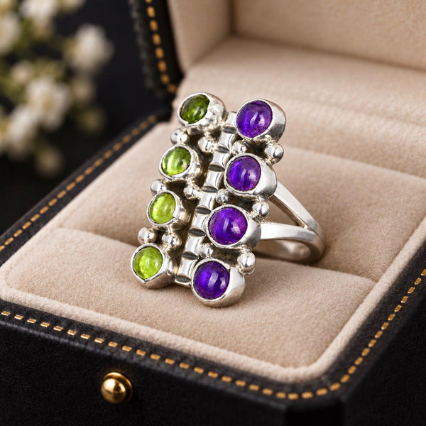Vintage Amethyst Peridot Sterling Silver Statement Ring