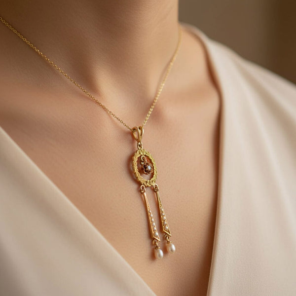 Antique Edwardian Pearl and Diamond Lavalier Pendant - Boylerpf