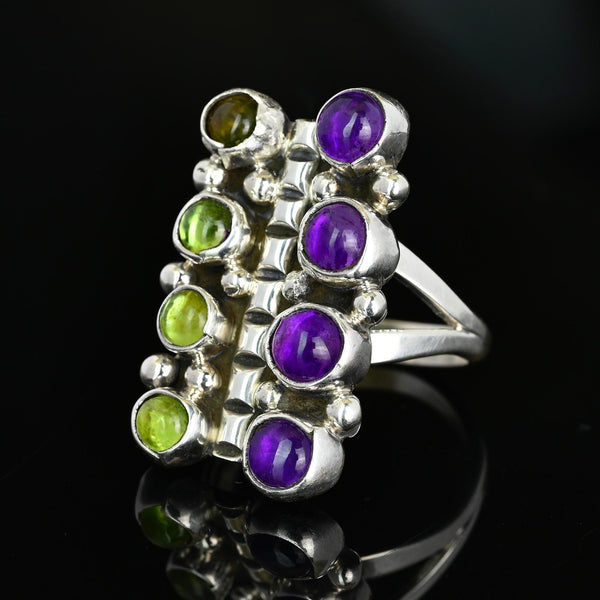 Vintage Amethyst Peridot Sterling Silver Statement Ring