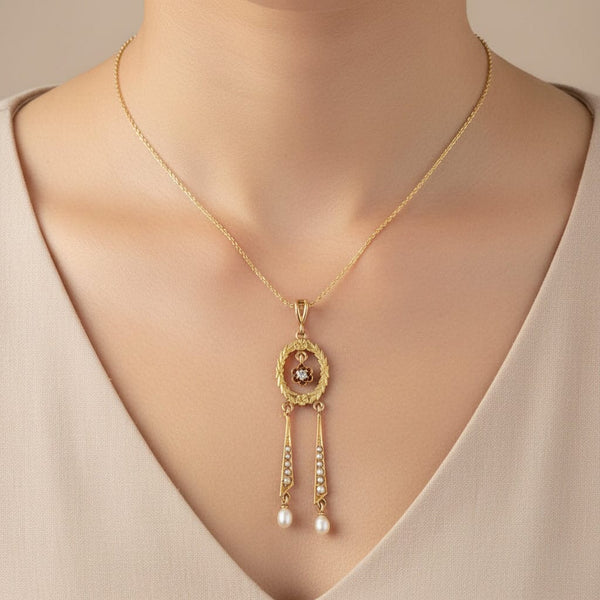 Antique Edwardian Pearl and Diamond Lavalier Pendant - Boylerpf