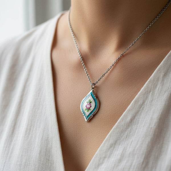 Antique Art Deco Sterling Silver Blue Enamel Pendant Necklace