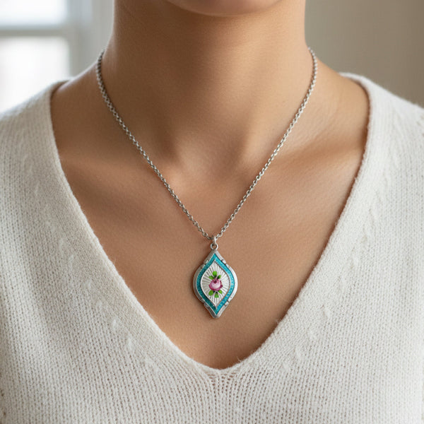 Antique Art Deco Sterling Silver Blue Enamel Pendant Necklace