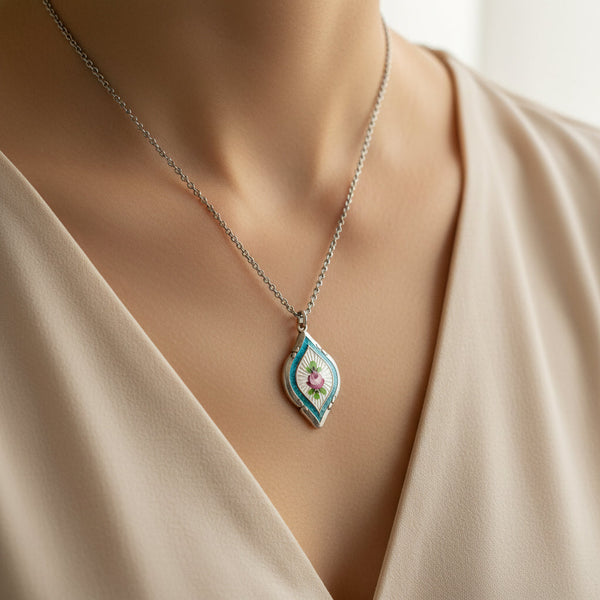 Antique Art Deco Sterling Silver Blue Enamel Pendant Necklace