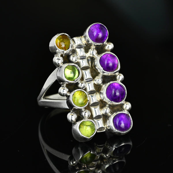 Vintage Amethyst Peridot Sterling Silver Statement Ring