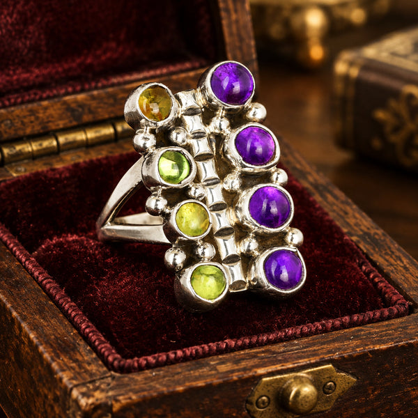 Vintage Amethyst Peridot Sterling Silver Statement Ring