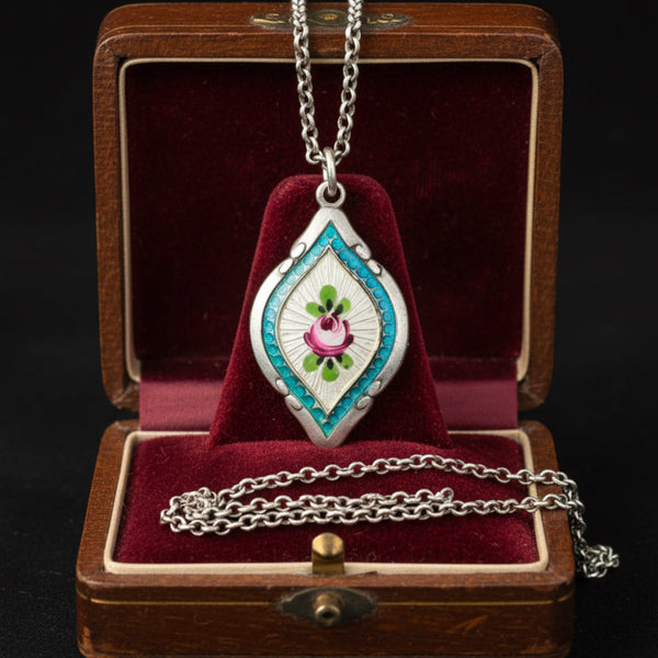 Antique Art Deco Sterling Silver Blue Enamel Pendant Necklace