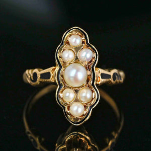 Vintagae Marquis Shape 14K Gold Black Enamel Pearl Ring - Boylerpf