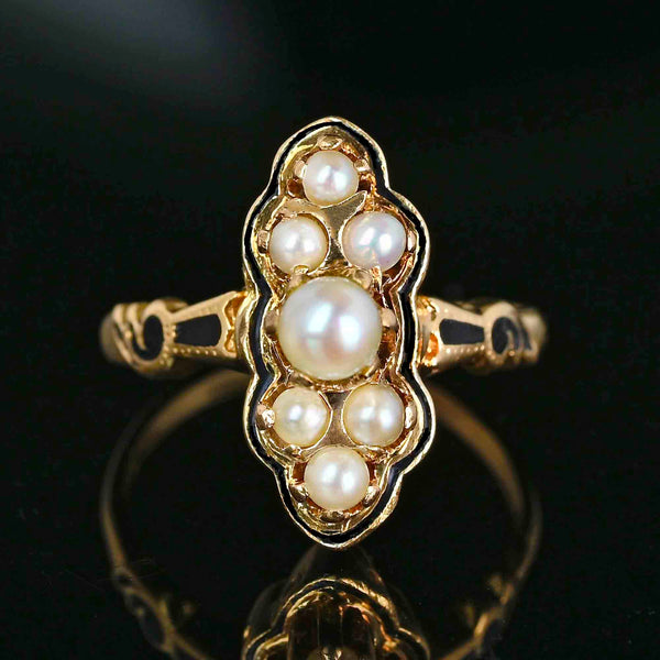 Vintagae Marquis Shape 14K Gold Black Enamel Pearl Ring - Boylerpf