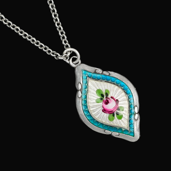 Antique Art Deco Sterling Silver Blue Enamel Pendant Necklace