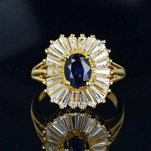 14K Gold Sapphire 1.5 CTW Baguette Diamond Ballerina Ring