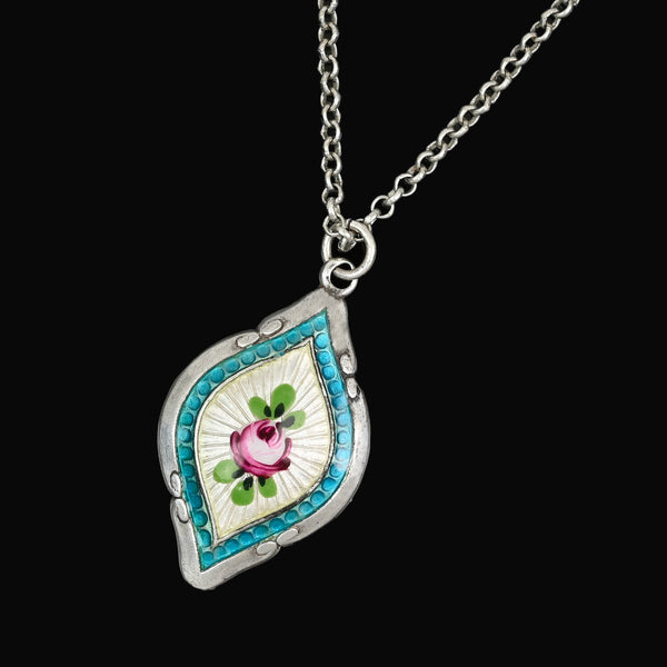 Antique Art Deco Sterling Silver Blue Enamel Pendant Necklace