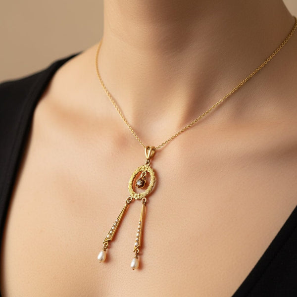 Antique Edwardian Pearl and Diamond Lavalier Pendant - Boylerpf