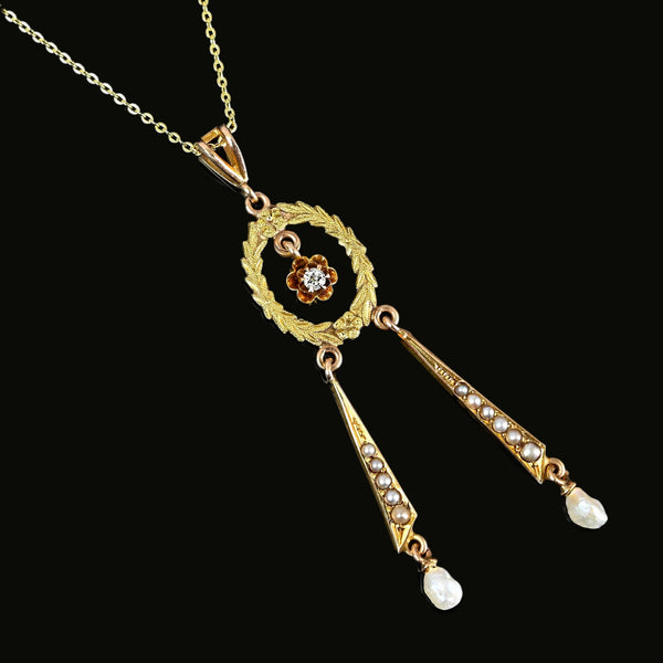 Antique Edwardian Pearl and Diamond Lavalier Pendant - Boylerpf