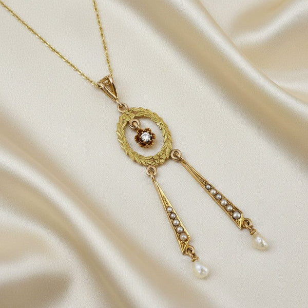 Antique Edwardian Pearl and Diamond Lavalier Pendant - Boylerpf