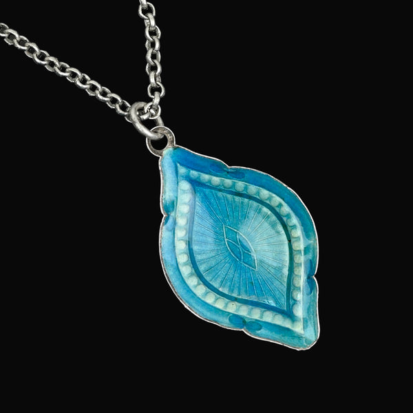 Antique Art Deco Sterling Silver Blue Enamel Pendant Necklace