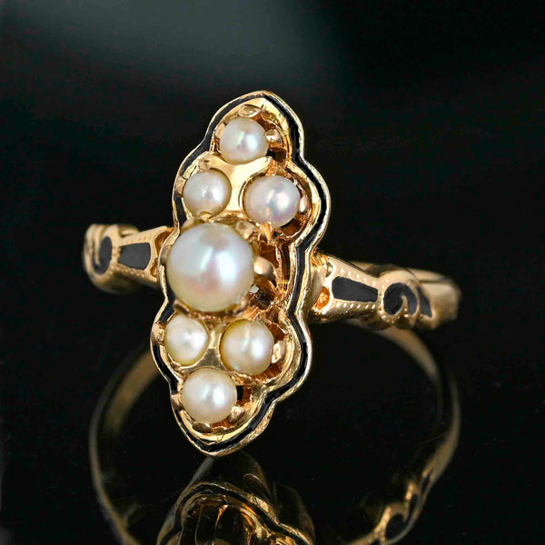 Vintagae Marquis Shape 14K Gold Black Enamel Pearl Ring - Boylerpf