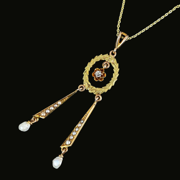 Antique Edwardian Pearl and Diamond Lavalier Pendant - Boylerpf
